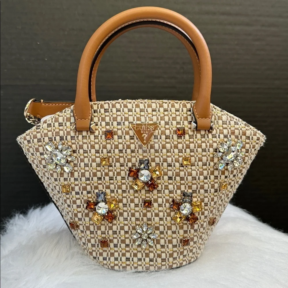 New Guess Brown and Cream Woven Satchel
